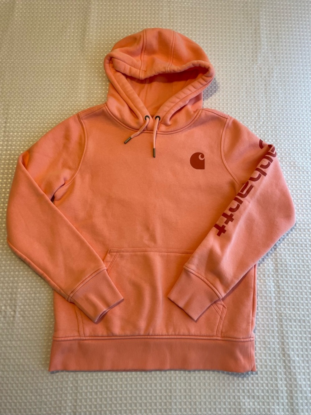 CARHARTT Women's Relaxed Fit Salmon Pink Logo Pullover Hoodie Size XS Cozy
